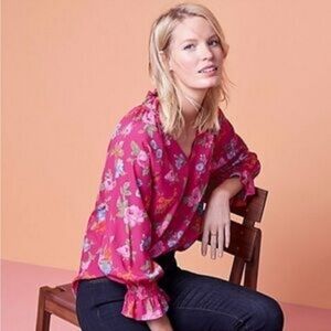Ann Taylor Island Floral Flounce Sleeve Blouse Pink Tropical Women's Large EUC